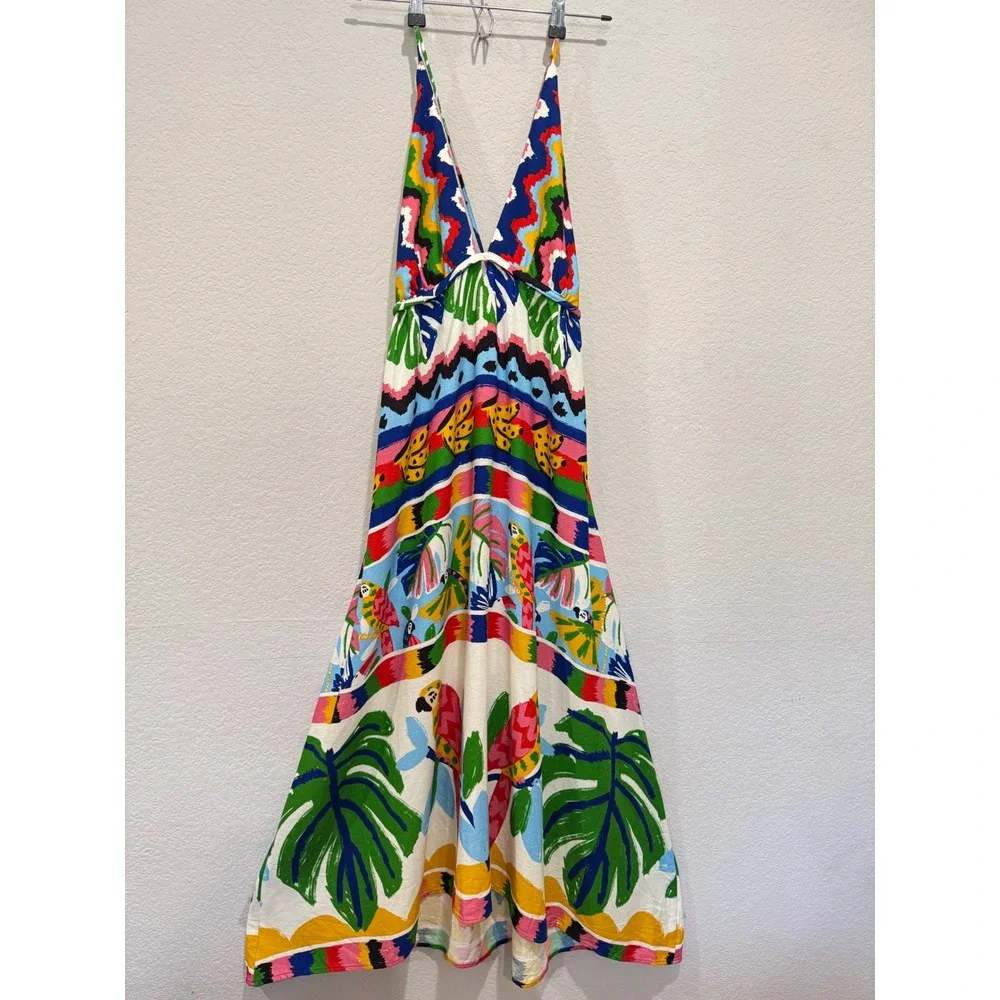 FARM Rio Tropical Print Maxi Dress Small Colorful Birds V Neck Backless Linen